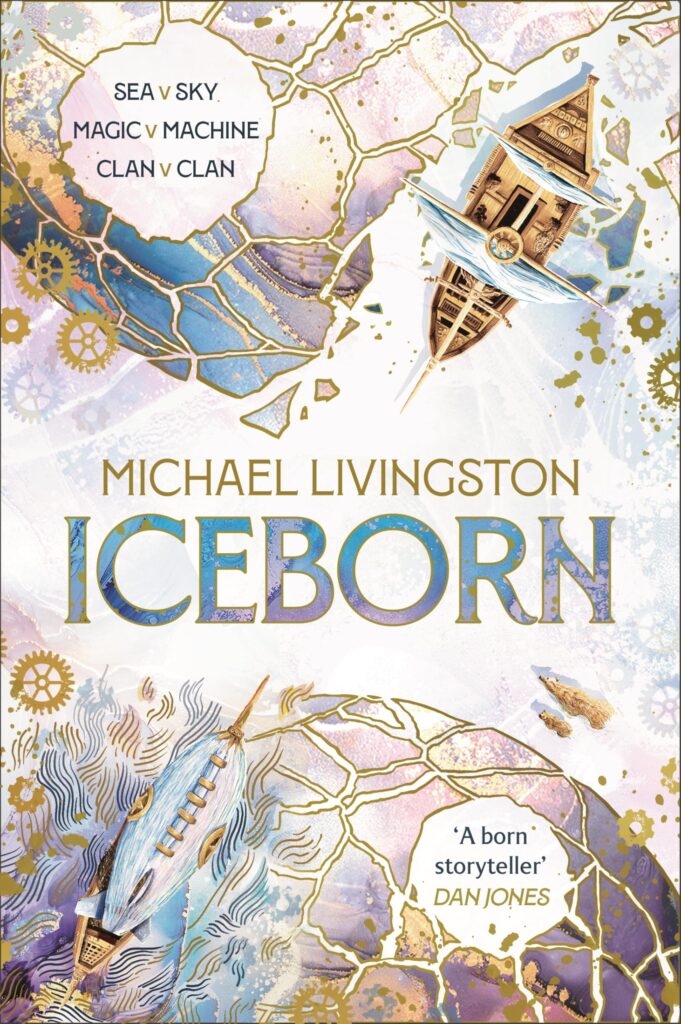 Iceborn by Michael Livingston book cover. White background with gold details and two pirate ships seen from above on icy terrain.