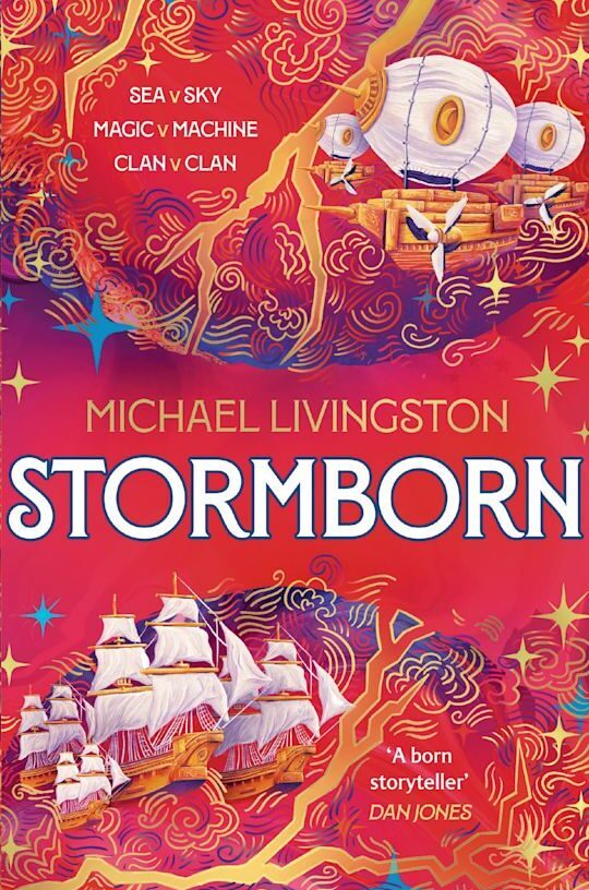 Stormborn by Michael Livingston book cover. Red background with gold details, two pirate ships and lightning.